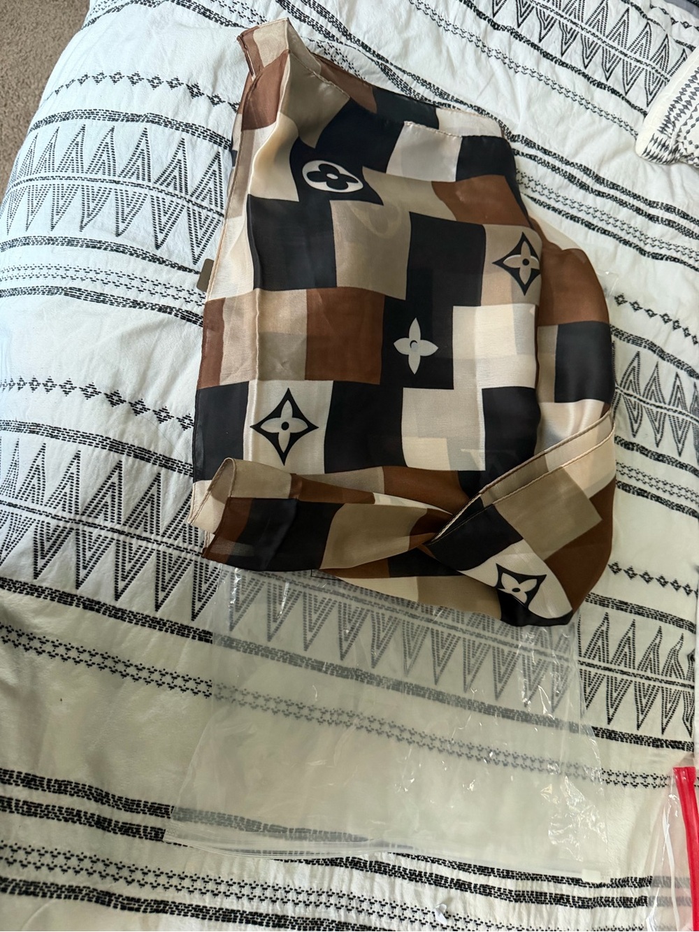 Brown & Black Geometric Monogram Silk Scarf - Picture 4 of 4